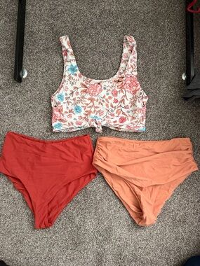 Floral Tie-Front Bikini Top with Two High-Waist Bikini Bottoms